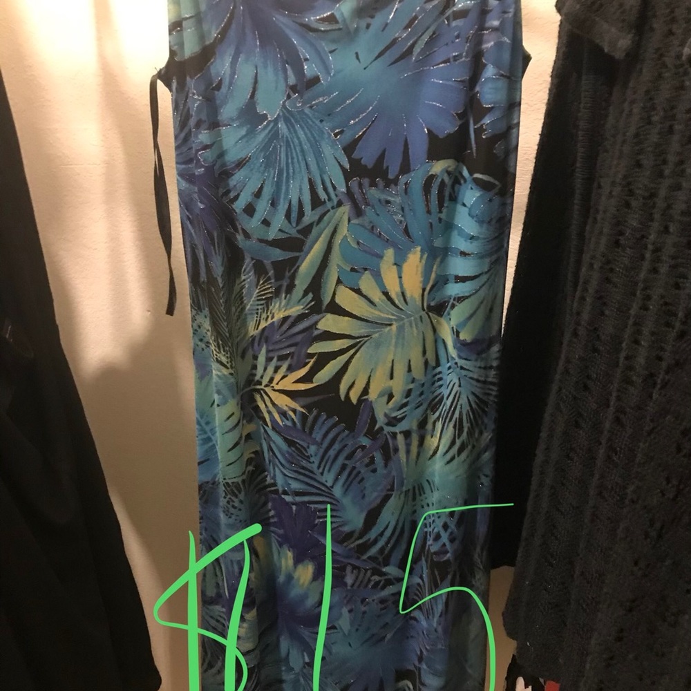 Spaghetti strap long blue dress.